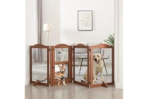 beeNbkks Freestanding Pet Gate with Cat Door, Dog Proof Cat Gate, Indoor Dog Gates for The House Doorways Stairs, Metal Mesh Wooden Small Animal Pet Barrier with Walk Through Door and Support Feet