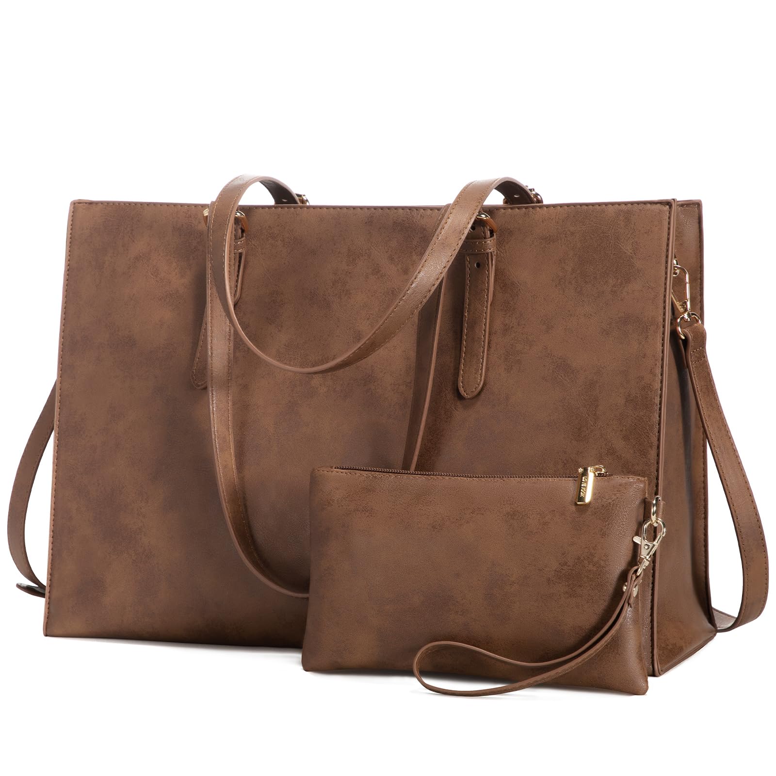 Photo 1 of LOVEVOOK 17.3-inch Laptop Bag for Women, Vintage Leather Large Capacity Travel Tote Bag with Clutch Purse 2PCs Set, Professional Business Computer Work Bag, Shoulder Briefcase for Office Lady, Brown