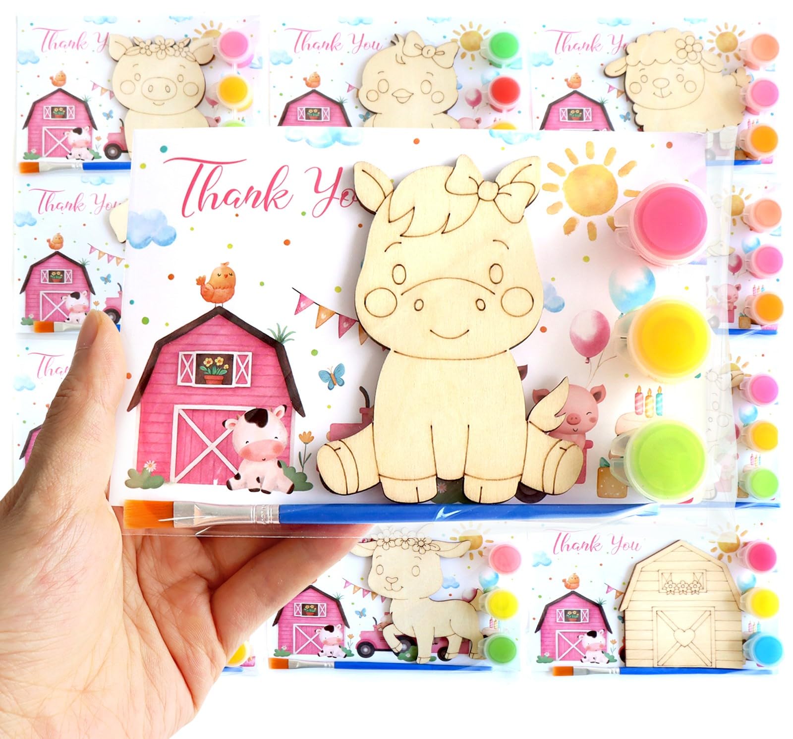 Photo 1 of 12 Pack Pink Farm Party Favors for Kids – Individually Wrapped Paint Your Own Wooden Magnet Craft Kits with Thank You Card, Barnyard Animal Birthday Supplies for Girls