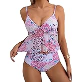 ZAFUL Tankini Swimsuits for Women V Neck Ruffle Floral Tummy Control Bikini Swimsuit 2 Pieces High Cut Bathing Suit