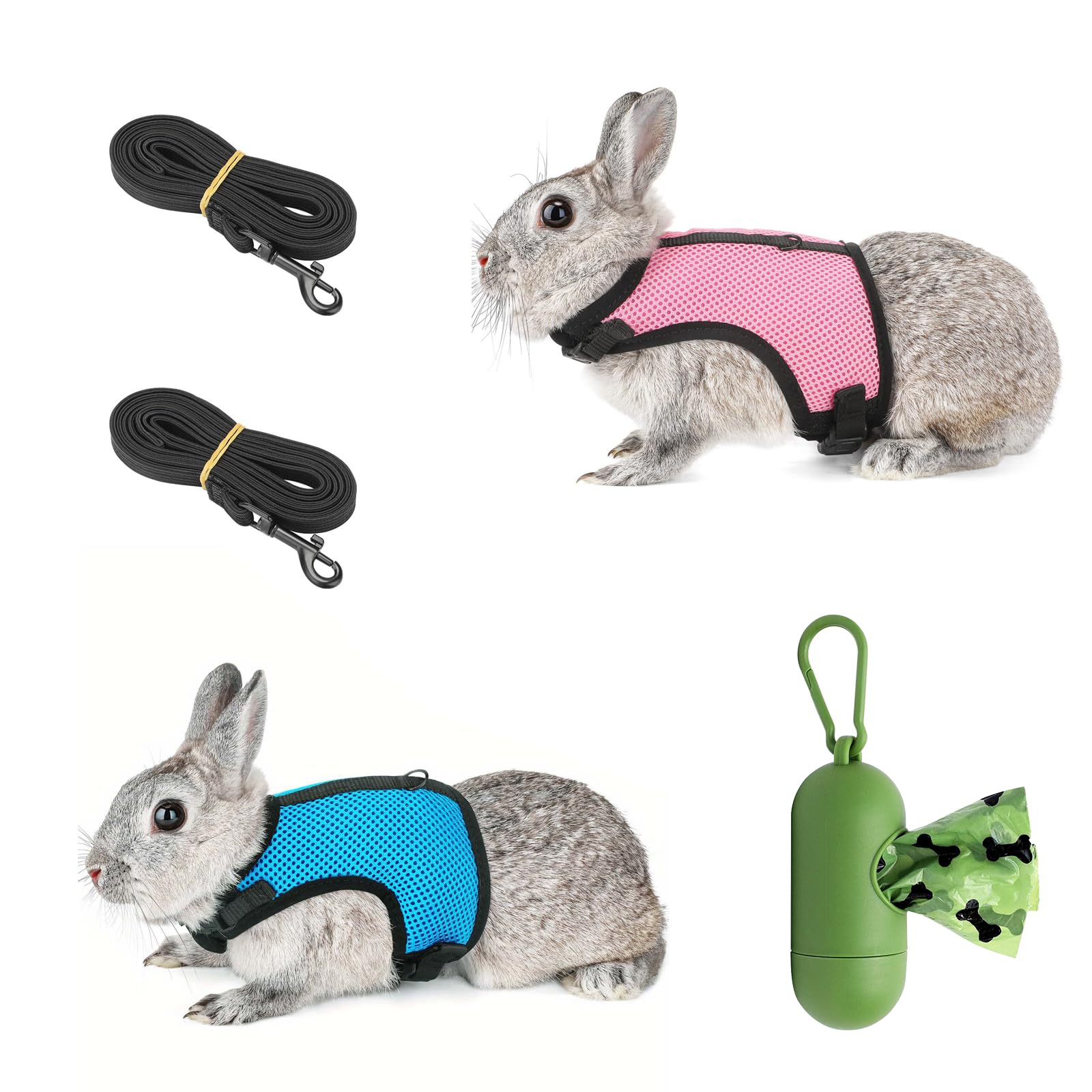 Shengxi 2 Pcs Soft Harness and Lead for Rabbit Breathable Mesh Vest with Pet Waste Bag and Dispenser Adjustable Mesh Harness for Small Animals Cats Guinea Pig (M,20-32cm)