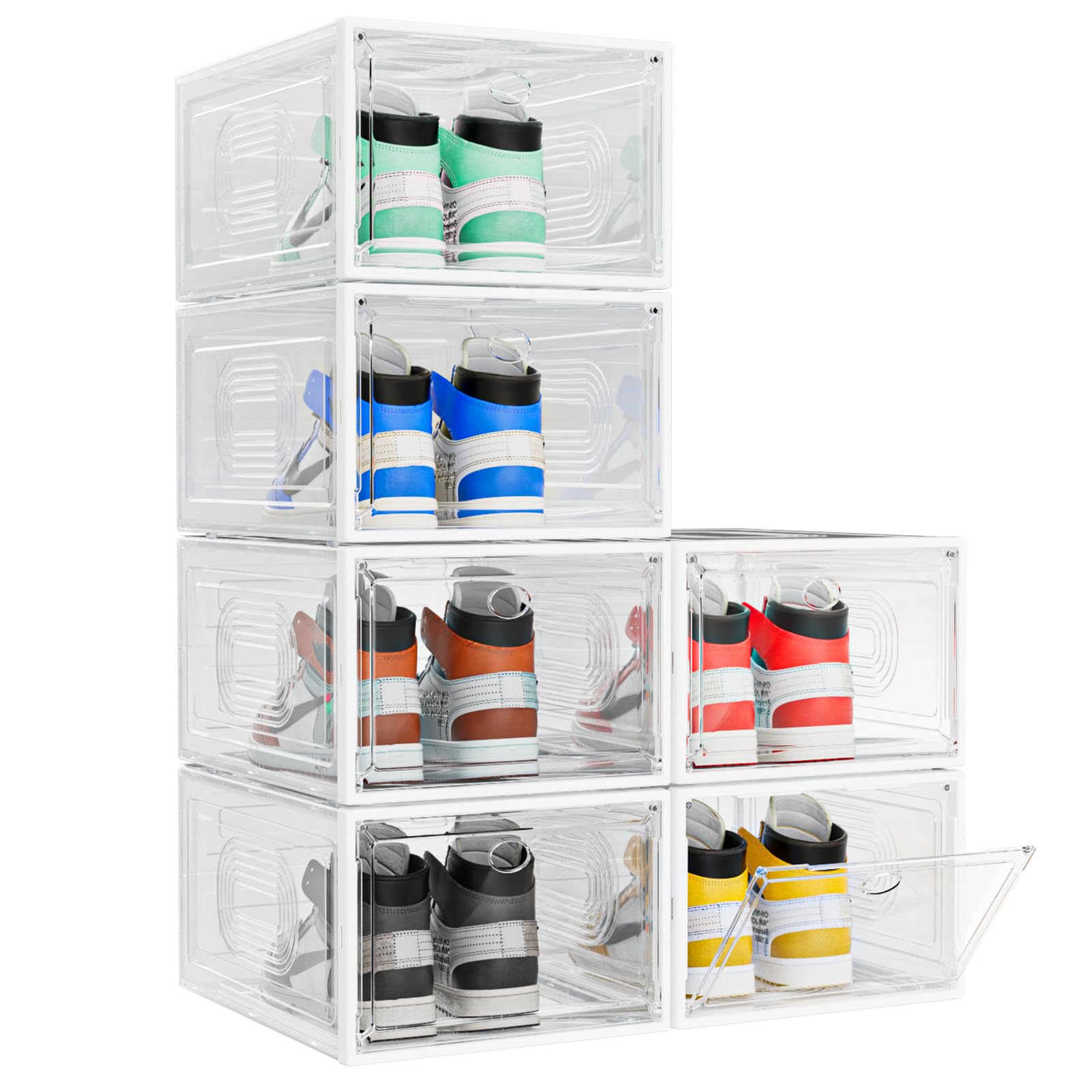 Photo 1 of caktraie 6 Pack Thicken Shoe Organizer Stackable,Upgraded Sturdy Shoe Storage Box with Magnetic Door,Shoe Containers for Sneaker Display,White