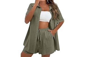 QIBABU Women's Linen Shorts Sets 2 Piece Summer Short Sleeve Top and Shorts Sweatsuit Set Vacation Beach Outfits