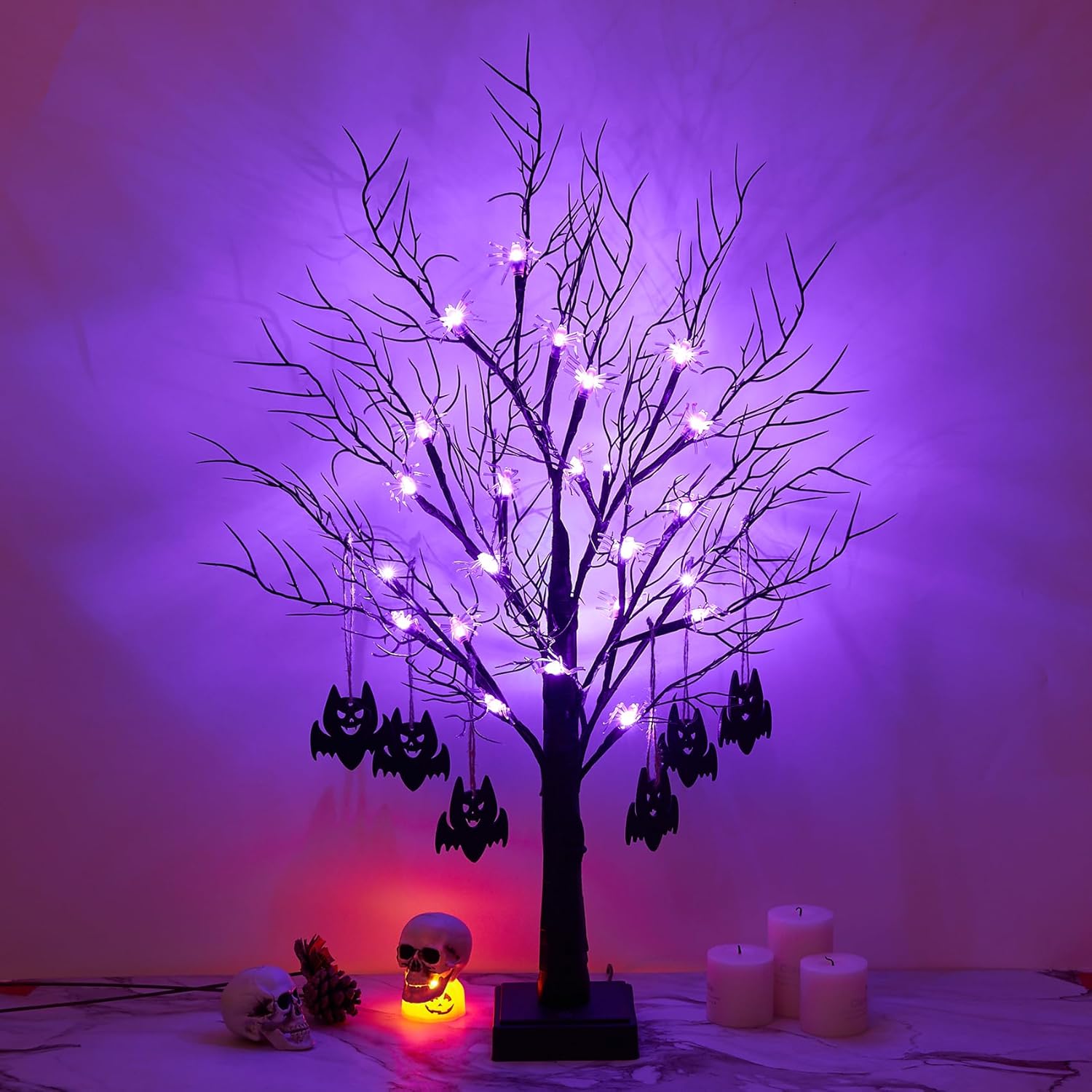 Trees - Beterzack 2FT Black Halloween Tree, Spooky Tree with 20 Spider & 24 Purple Lights and 6 Bat Decorations Battery Powered Tabletop Bonsai Tree Decoration for Halloween and Indoor