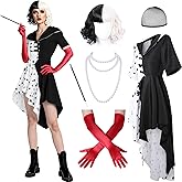 QIHUACOSPVC 6 Pack Black White Dalmatian Dress Suit, Women Halloween Dalmatian Costume with Glove for Women