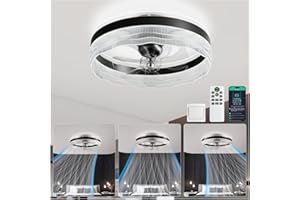 kejector Low Profile Ceiling Fan with Light,20 Inch Fandelier Ceiling Fans with Lights and Remote App Control,360°Oscillation Bladeless Flush Mount LED Fan Light for Bedroom Living Dining Room