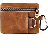 Men Genuine Top Grain Cow Leather Coin Purse with Key Ring & Clip. Retro Slim Minimalist Wallet Card Case (Brown).