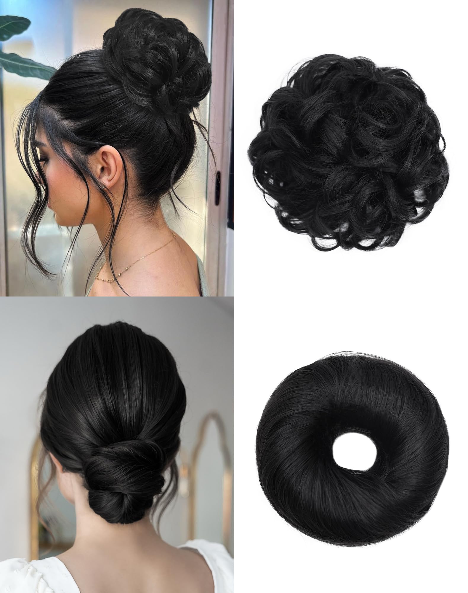 Photo 1 of HSLHDI 2PCS Messy Bun Hair Piece-Large Wavy Curly & Donut Updo Hair Pieces Set, Scrunchies Synthetic Chignon Ponytail Extensions Thick Updo for Women(Natural Black)