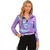 Allegra K Women's Holographic Shiny Party Christmas Long Sleeve Lightweight Zipper Metallic Jacket