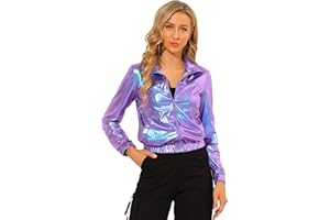 Allegra K Women's Halloween Costumes Halloween Track Jacket Holographic Shiny Long Sleeve Metallic Zip Front Jacket