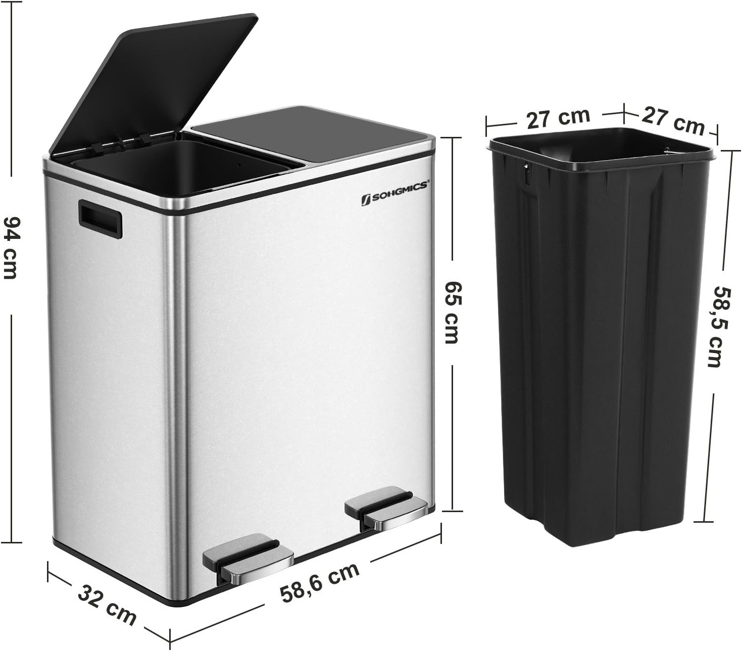 Super Saturday SONGMICS Double Recycle Pedal Bin 2 X 30L Rubbish Trash Can With Dual Compartment