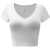 OThread & Co. Women's Short Sleeve V-Neck Crop Top Basic Comfy Stretch Tee