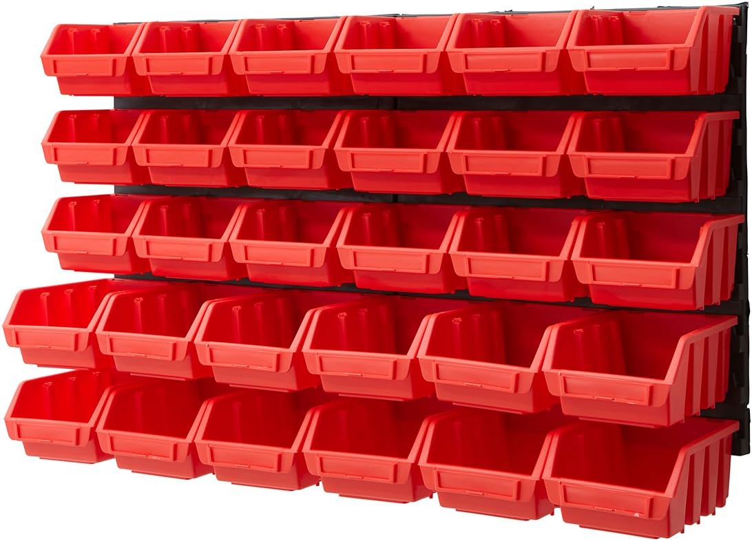 BiGDUG Wall Mounted Plastic Bin Kit Wall Garage Storage Parts Bins Kit Tool Organiser Shelving (2 x Red Kit)