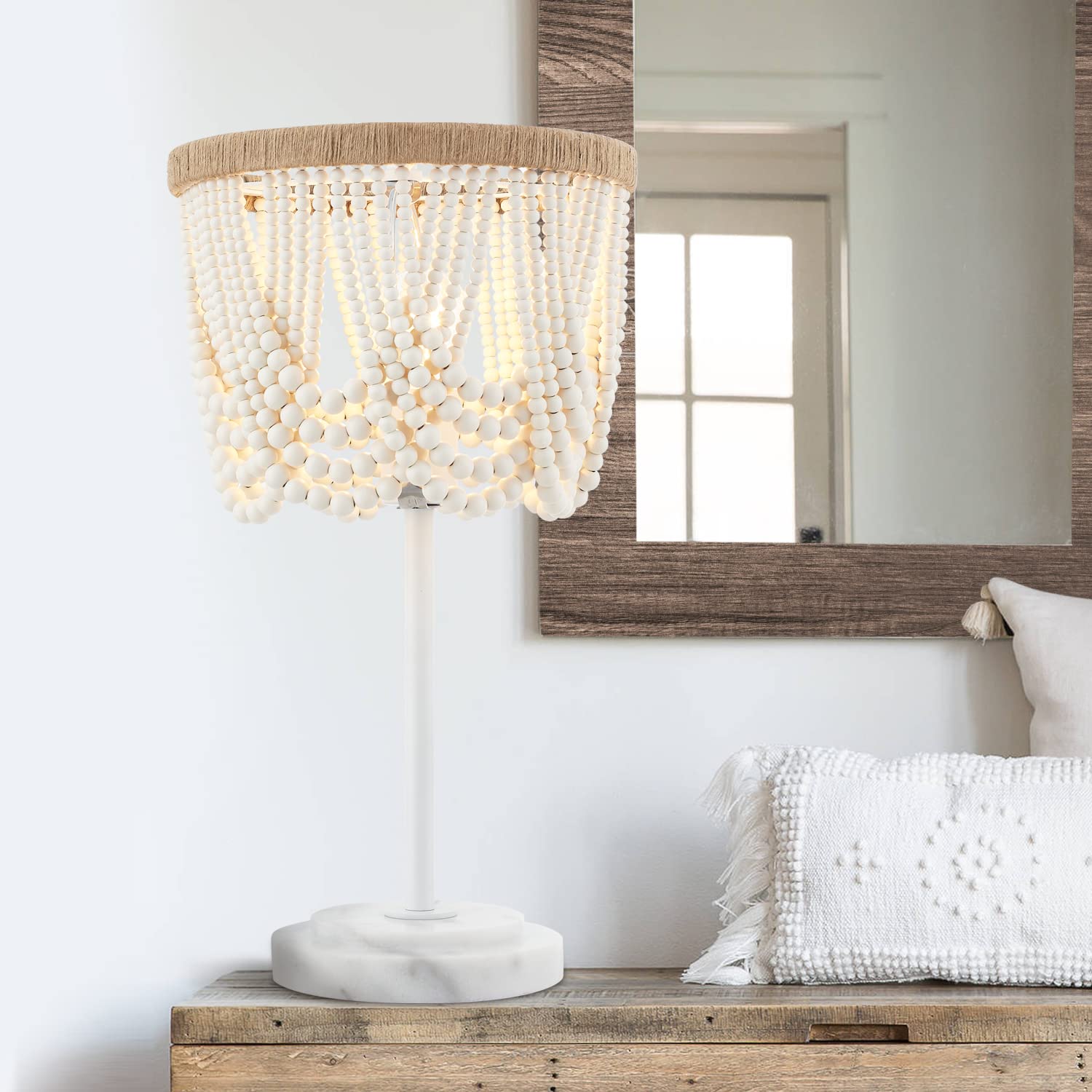 Photo 1 of VILUXY Bohemia Wood Beaded Table Lamp - Antique Rustic Bedside Nightstand - White Finishing for Bedroom, Nursery, Girl Room, Hallway, Entryway, Dining Room