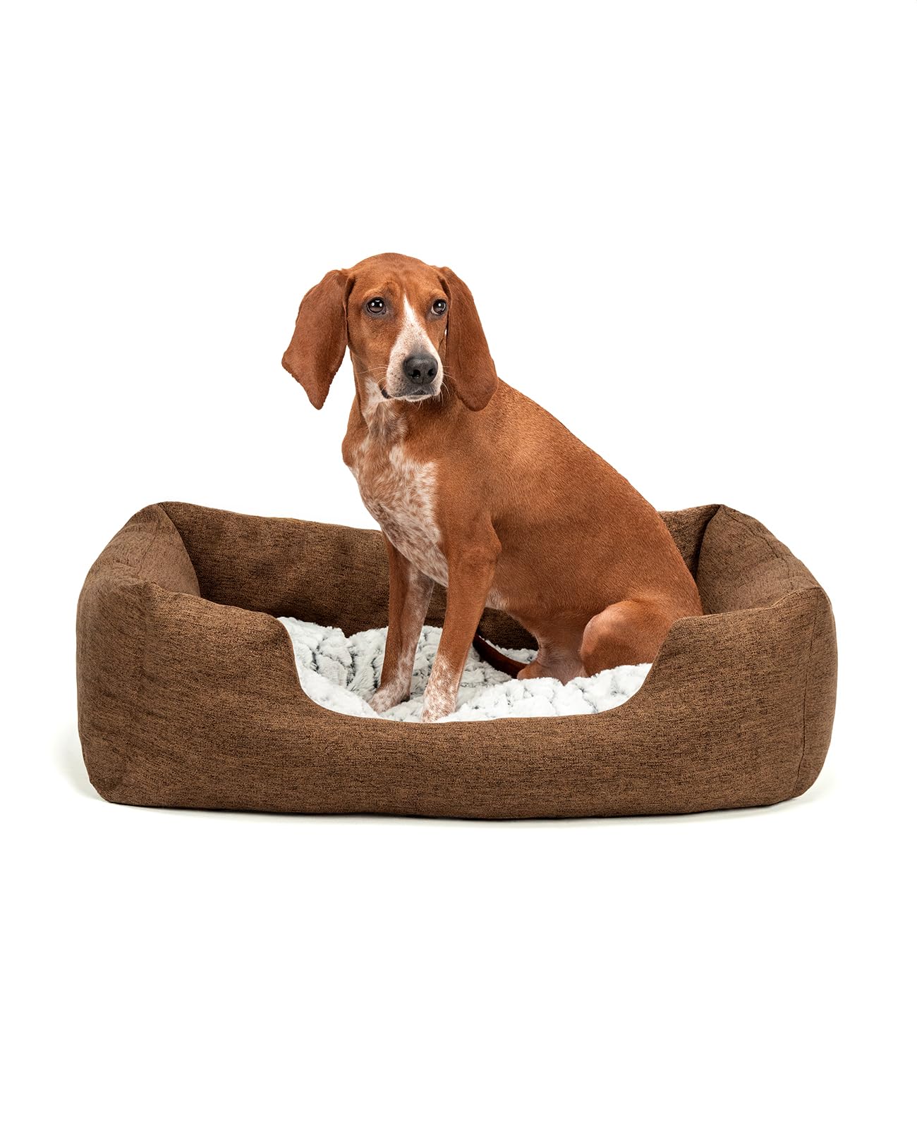 lionto Dog basket with fluffy reversible cushion, cosy pet bed in mottled design with low entry for dogs & cats, 80x60 cm, soft dog cushion, brown