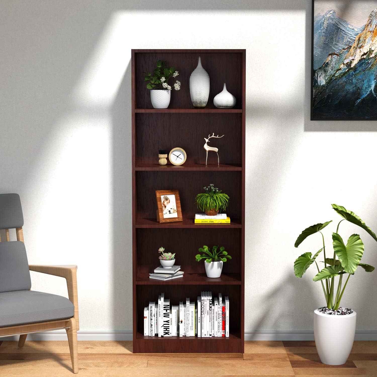 Cozy Castle Bookshelf, 5-Shelf Bookcase, Wooden Tall Bookshelf, Bookshelf for Family, Office, Display, Library, Cherry Finish