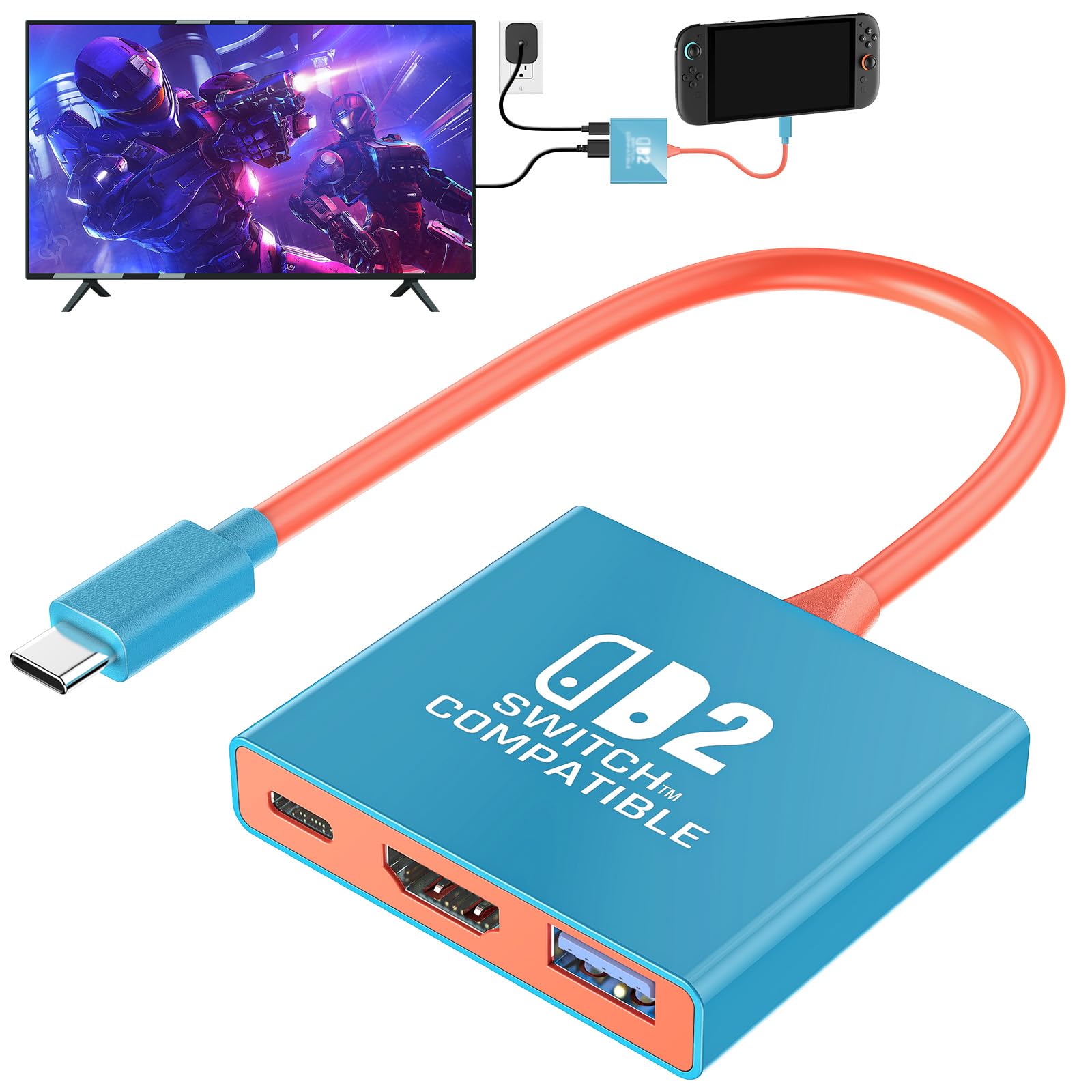 Klipdasse Switch 2 TV Adapter Support 4K/60Hz HDMI 2.0A Adapter, PD100W USB 3.0 Port, Compatible with Switch 2/Switch/OLED, Switch 2 Version 21.0.0 (Need Firmware Upgrade)