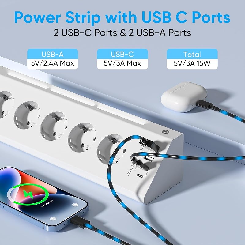 Multiprise avec 5 Prises et 4 Ports USB (2 USB A+2 USB C), Blanc — photo 5 sur 8