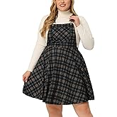 Agnes Orinda Women's Plus Size Overall Pinafore Dress Casual Plaid Printed Swing Adjustable Straps Dresses