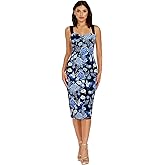 Dress the Population Women's Nicole Blue Butterfly Bloom Embroidery, Midi, Bodycon, Sweetheart Neck Dress, Cobalt Multi, Medium