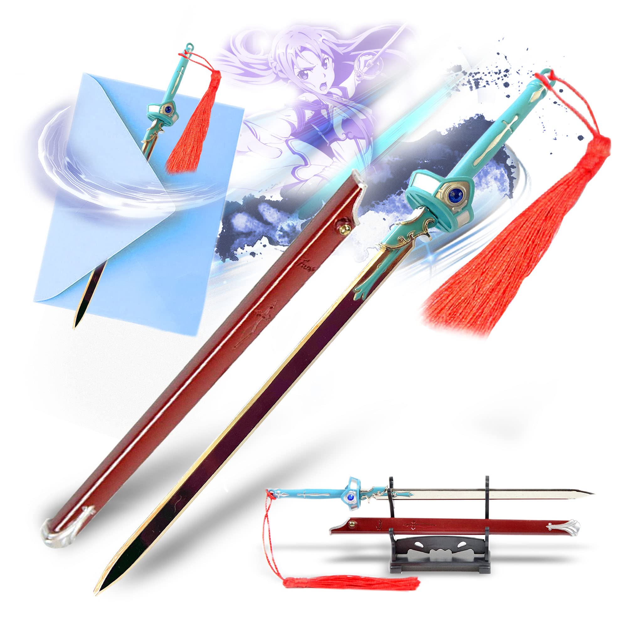 Sword Art Online Sword Flashing Light Letter Opener with Sheath and Stand, Miniature Sword, Gift for Collectors and Fans