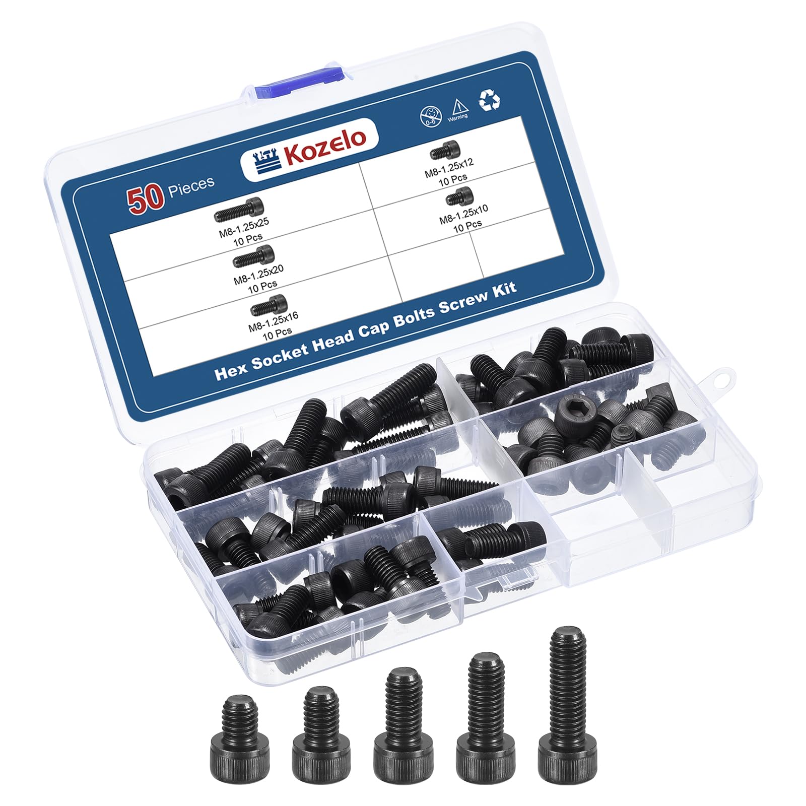 Kozelo 50pcs M8 Socket Head Cap Screws Bolts Nuts Assortment Kit - [M8x10/12/16/20/25mm] Alloy Steel Fully Threaded Black Oxide 12.9 Internal Hex Screw for 3D Printer Use, with Wrench