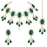 Aheli Gold Plated Synthetic Stone & Beads Studded Necklace Earrings & Maangtikka Set Ethnic Fashion Jewellery Gift for Women