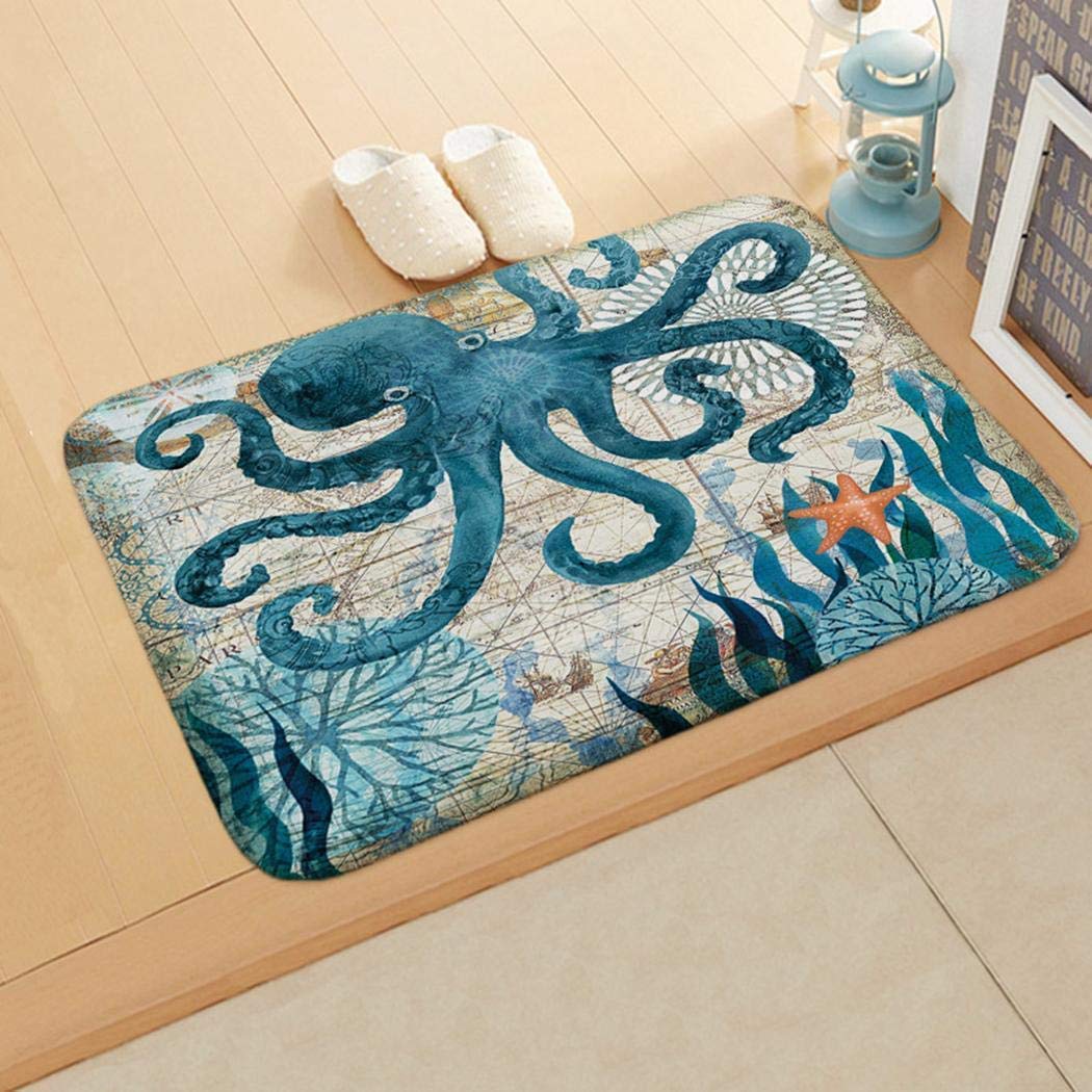 Floor Mat Print Octopus Door Mat with Hippocampus Pattern Bedroom Bathroom Home Sea Turtle Pattern Absorbent Non-Slip Carpet Mat Area Rugs (3)