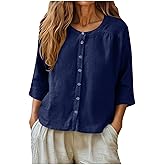 SMIDOW Summer Tshirt Shirts For Women - 3/4 Sleeve Cotton Linen Button Down Tunic Tops Casual Loose Round Neck Blouses