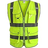 JKSafety 9 Pockets Class 2 High Visibility Zipper Front Safety Vest With Reflective Strips,Meets ANSI/ISEA Standard (X-Large, Yellow)