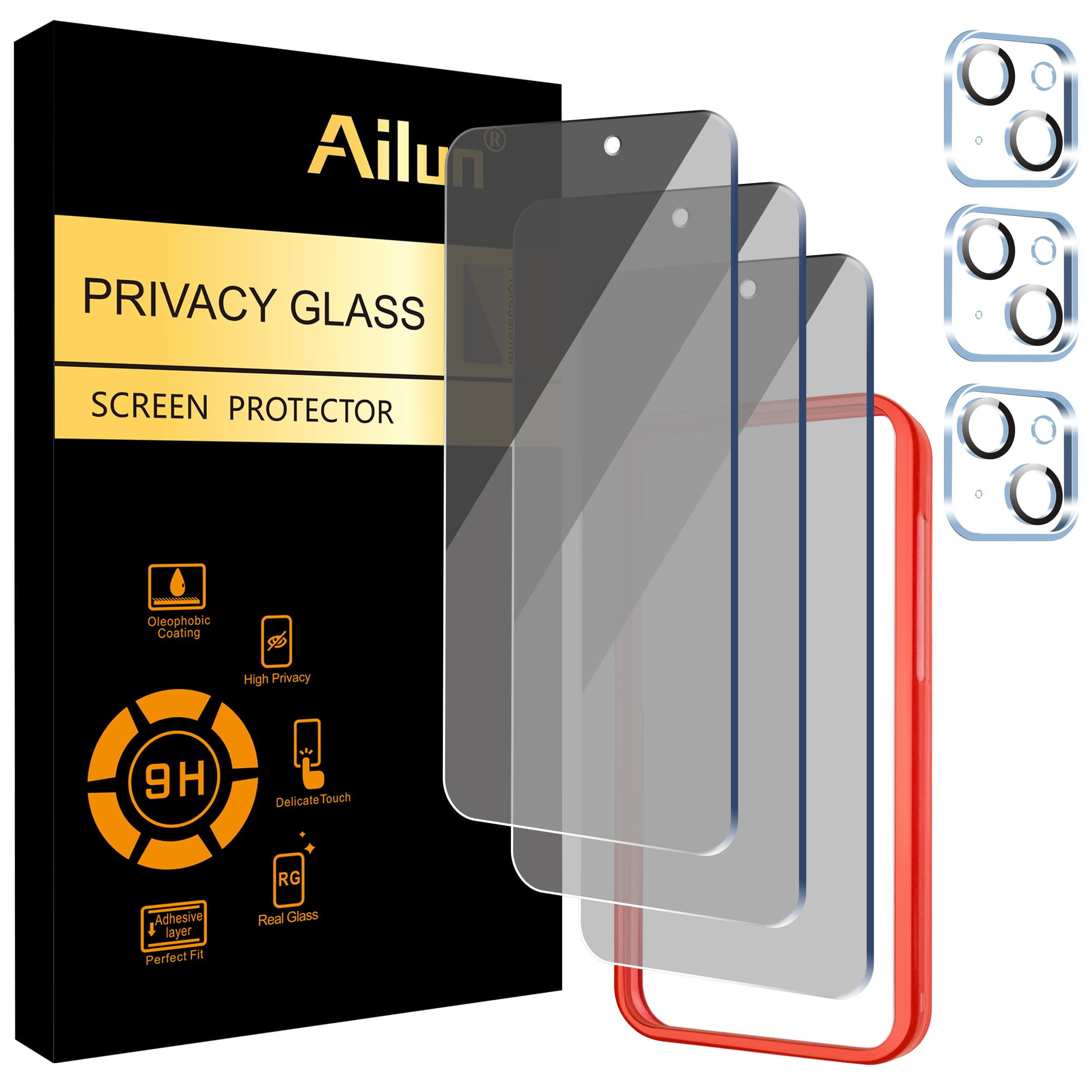 Photo 1 of Ailun 3 Pack Privacy Screen Protector for iPhone 15 [6.1 inch] + 3 Pack Camera Lens Protector with Installation Frame, Anti Spy Private Tempered Glass Film, Case Friendly, [9H Hardness] - HD