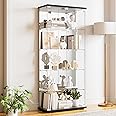 Darget Glass Display Cabinet 5-Shelf with Door, Lock and Mirror,5mm Tempered Glass Floor-to-Ceiling Glass Bookcase for Bedroom, Living Room, Black