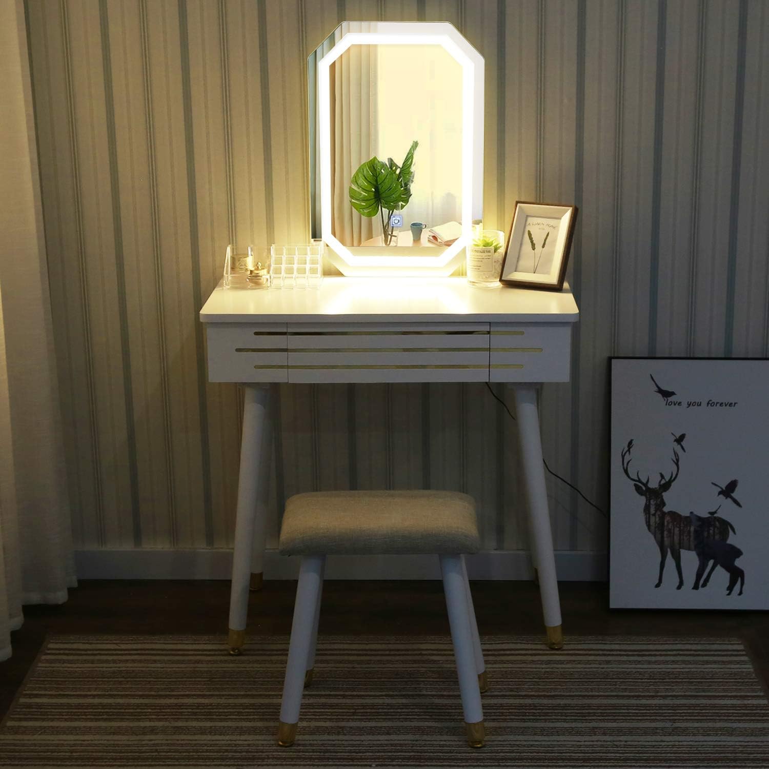 YOURLITEAMZ Vanity Table Set with Mirror and Cushioned Stool, Big Drawers with Dividers Dressing Table Vanity Makeup Table