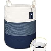 COMSE Extra Large Blanket Basket, Tall Woven Storage Basket, Nursery Hamper, 15.7”x 21.7”, Cotton Rope Laundry Hamper for Toys Clothes Towels, White/Cadet Blue/Navy Blue