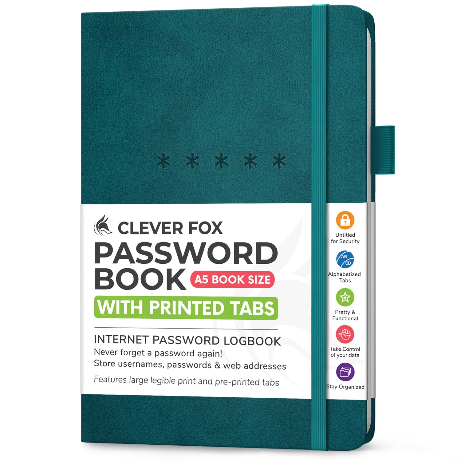 Clever Fox Password Book Medium – Internet Address & Password Journal Organizer – Computer & Website Log-In Keeper Notebook (Dark Teal)