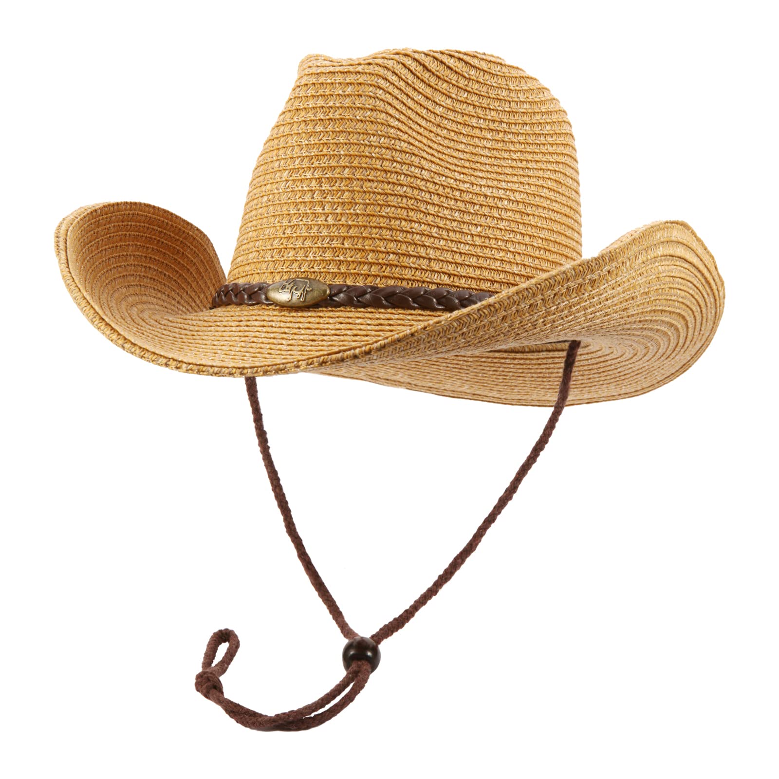Photo 1 of EOZY Western Cowboy Hat with String for Women Men Foldable Summer Sun Protection Straw Beach Hats with Wide Brim Khaki