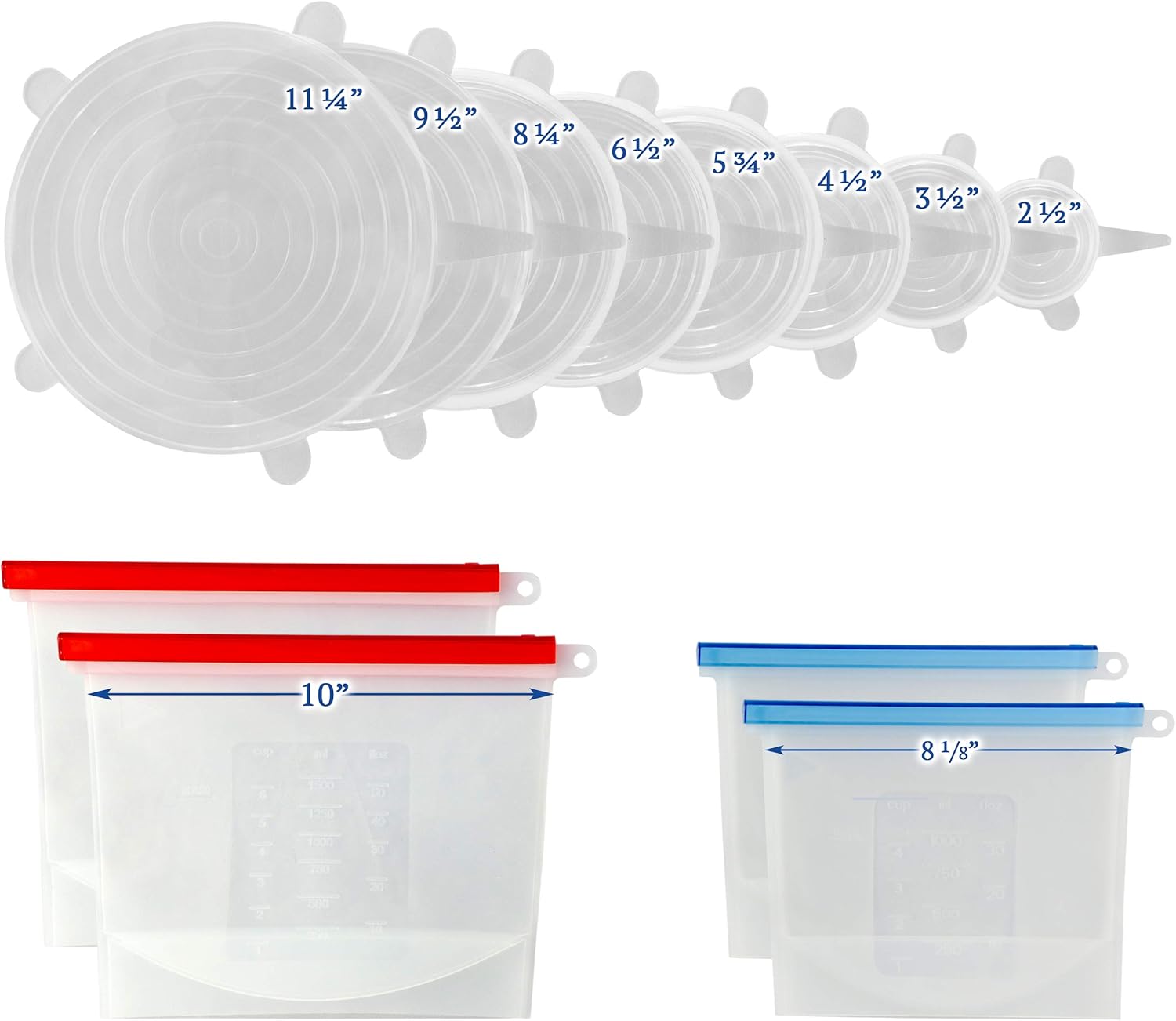 EcoPeaceful 8 Stretch Silicone Food Cover Lids (Largest Sizes XXL-XS) 4 Silicone Zip Lock Bags (2 Small, 2 Large)