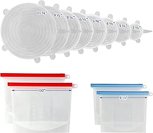 EcoPeaceful 8 Stretch Silicone Food Cover Lids (Largest Sizes XXL-XS) 4 Silicone Zip Lock Bags (2 Small, 2 Large)