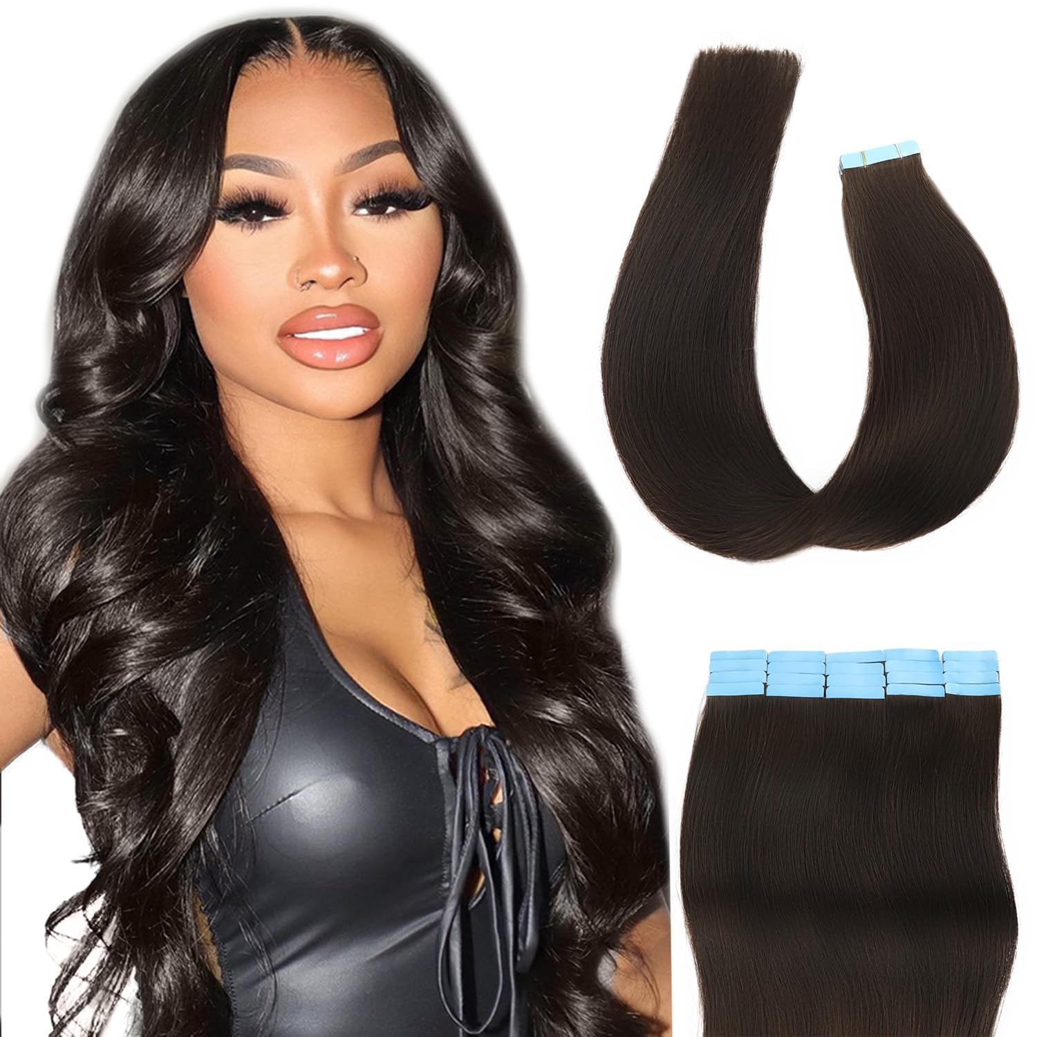 Dark Brown Tape in Hair Extensions Straight Thick Remy Tape in Hair Extensions Human Hair 100% Real Human Hair 20pcs 14 inch