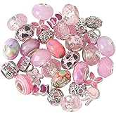 SUNNYCLUE 1 Box 50Pcs European Beads Bulk Large Hole Spacer Beads Pink Cute Rhinestone Metal Resin Random Flower Round Rondelle Spacer for Jewelry Making Charms Crafts DIY Necklaces Bracelet Supplies