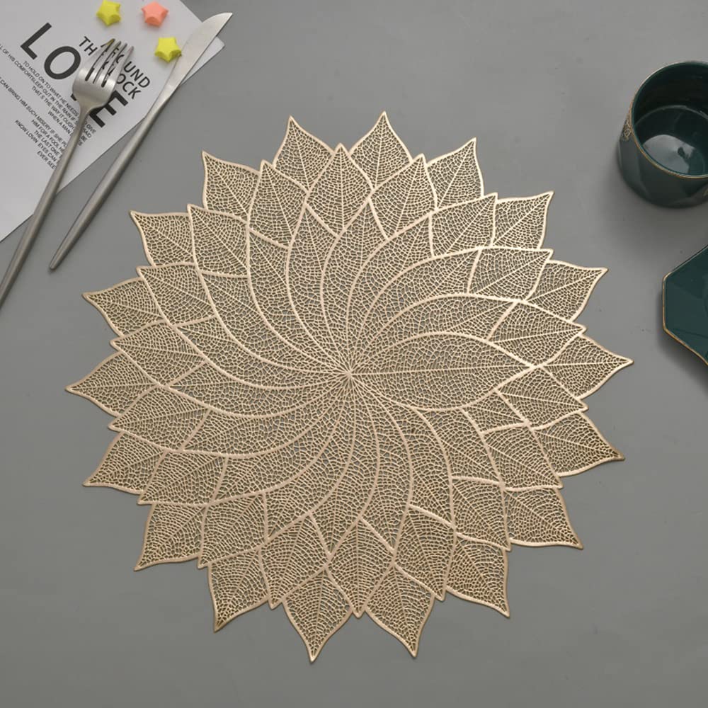 Hosoncovy 4 Pack Decorative Leaf PVC Flower Placemats - Hollow Dining Table Place Mats, Heat Resistant, Non-slip, Gold