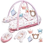 Pink Baby Play Mat, 7-in-1 Infant Gym Mat for Sensory and Motor Development, Washable & Portable Newborn Tummy Time Activity Mat for Home & Travel, Babies Gift for 0-3-6-9-12-18 Months