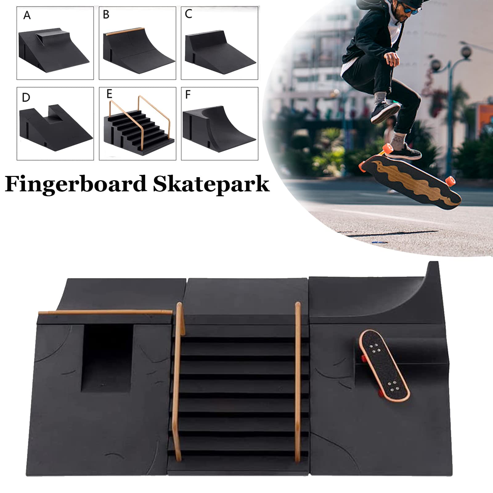 RNGODO Fingerboard Skatepark Skate Park Kit, Bigger Finger Skateboard Ramp Set Ultimate Parks Training Props with 3 Finger Skateboard 6 Finger Deck Finger Skate Toys for Kids & Adults Gifts