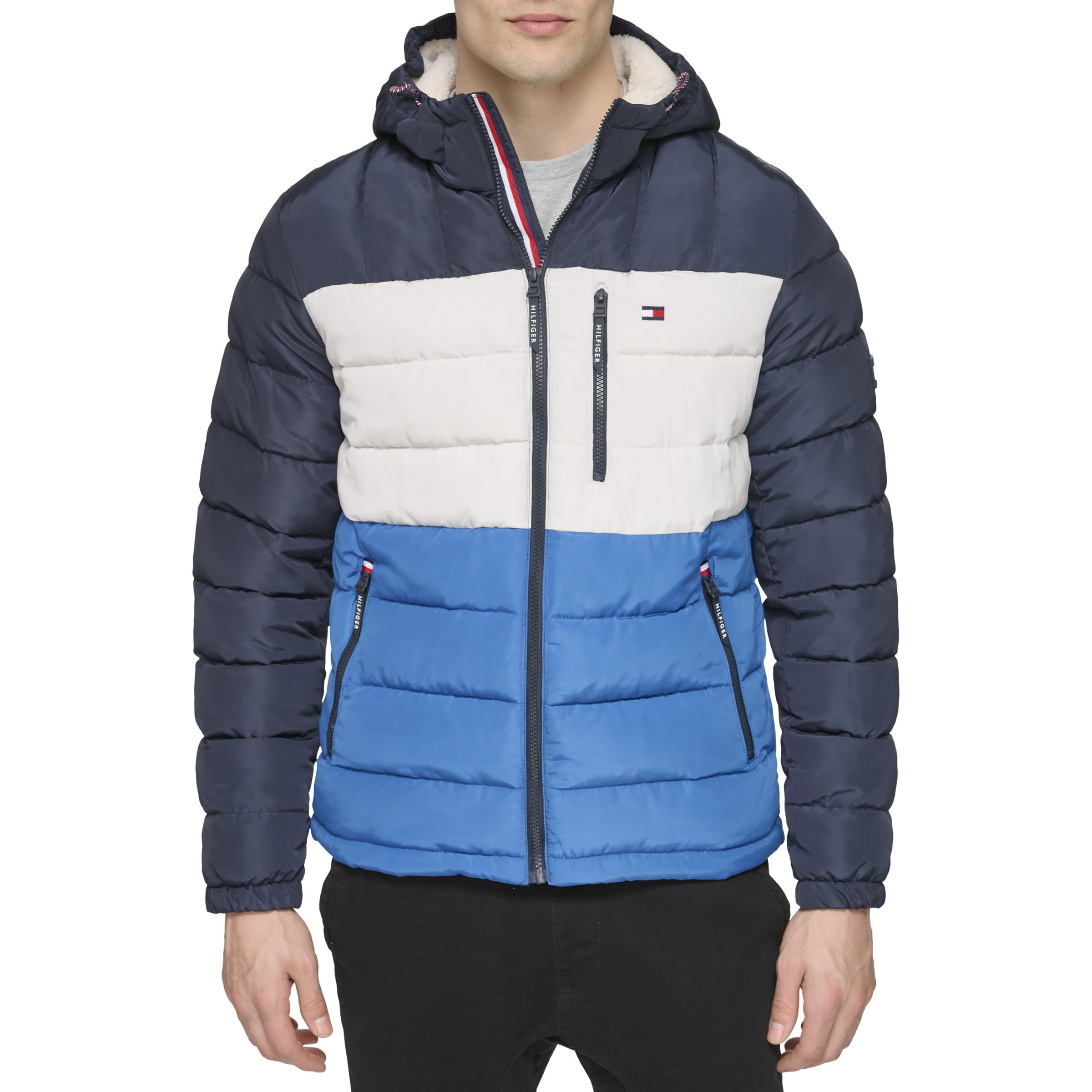 Tommy Hilfiger Men’s Midweight Sherpa Lined Hooded Water Resistant Puffer Jacket, Blue Combo Tech, X-Large