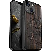 Carveit Magnetic Wood Case for iPhone 14 Case [Natural Wood & Black Soft TPU] Unique & Classy Wooden Shockproof Protective Cover Compatible with magsafe (Vintage Compass -Blackwood)