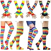 Elfcool 2/4 Sets Womens Long Striped Knee High Socks Knit Fingerless Arm Warmers for Halloween Christmas