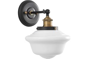 LINEA DI LIARA Linea 1 Light Bathroom Vanity Light - Lavagna Schoolhouse Light Fixture - Black with Milk Glass Shade Wall Sconce, UL Listed