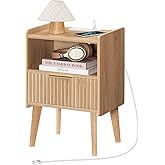 MAHANCRIS Natural Nightstand with Charging Station, Modern Bedside Table with Drawer and Storage Shelf, End Side Table with Solid Wood Legs, Night Stand, Living Room, Bedroom, Small Space, ETNA61E01