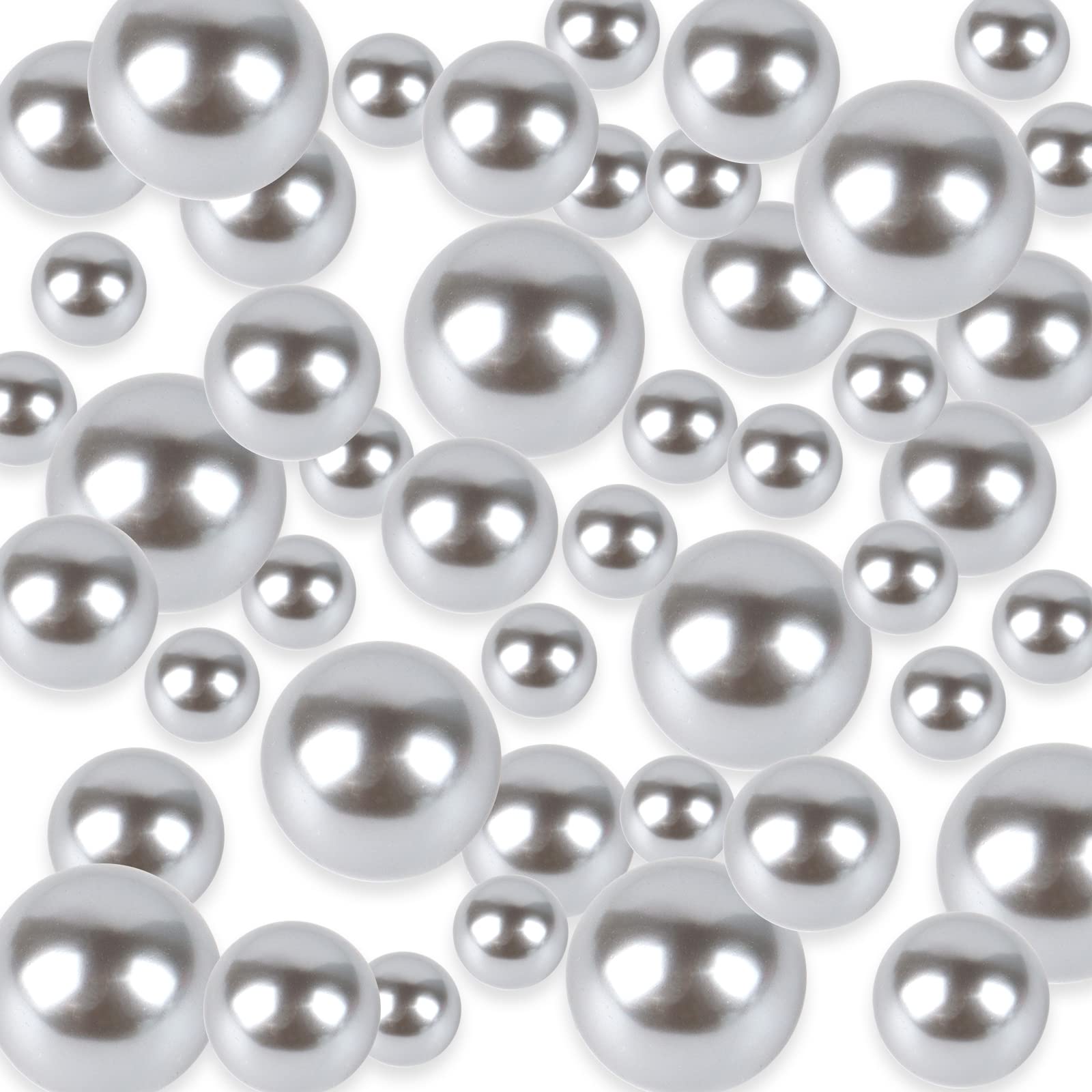 TYEQWT 150 Pcs Faux Pearl, Floating Pearls Beads for Vase Filler, No Hole Gloss Pearl Mixed Sizes, Plastic Loose Beads, for DIY Jewelry, Floating Candle, Vase Centerpieces, 8/14/20mm (Silver Grey)