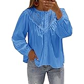 Tankaneo Womens Lace Button Down Shirts Puff Long Sleeve Babydoll Blouses Dressy Casual Crew Neck Pleated Loose Fit Tops